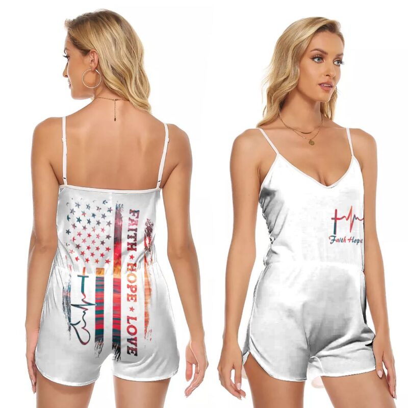 Faith Hope Love US Flag God Gift For Jesus Lovers Religious Culture Enthusiasts V-neck Romper Jumpsuit RJ00821