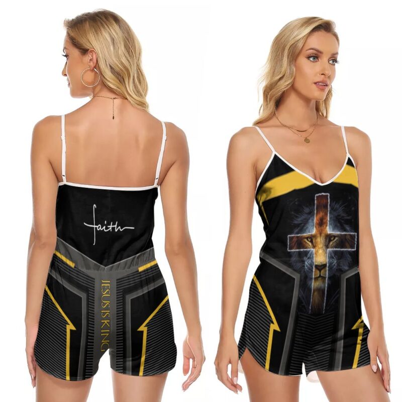 Faith Jesus King Lion Cross Lamb Gift For God Jesus Christian Lovers Religious Culture Enthusiasts V-neck Romper Jumpsuit RJ00953