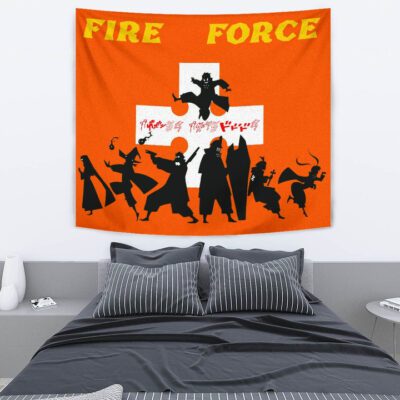 Fire Force Anime Tapestry Characters Silhouette Fighting Orange Yellow Text Tapestry Wall Hanging 2