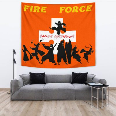 Fire Force Anime Tapestry Characters Silhouette Fighting Orange Yellow Text Tapestry Wall Hanging 3