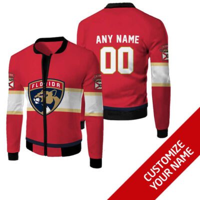 Florida Panthers #00 Personalized Red Jersey Style Gift With Custom Number Name For Panthers Fans Fleece Bomber Jacket