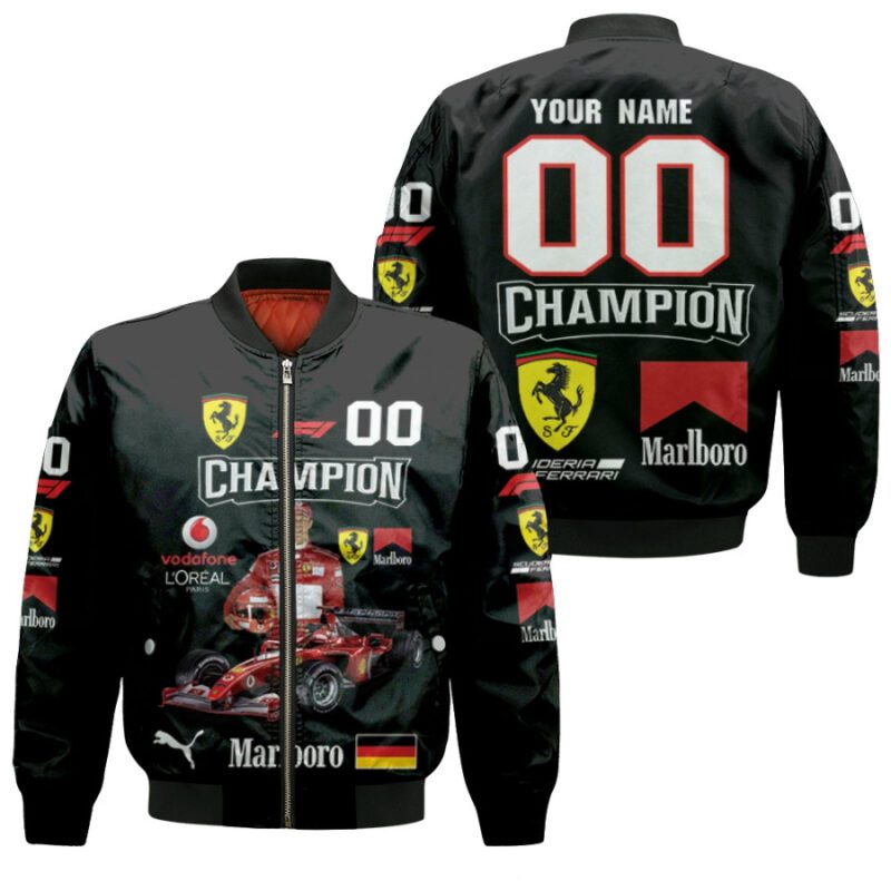 Formula 1 Ferrari Marlboro Michael Schumacher 1 Auto Racing Motorsport 3D Allover Gift With Custom Name Number For Schumacher Fans Bomber Jacket BJ04111
