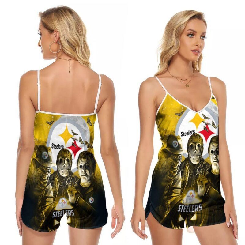 Freddy Jason Michael Myers Loves Pittsburgh Steelers Pumpkin Head Halloween 3d designed for Pittsburgh Steelers lovers V-neck Romper Jumpsuit RJ01076