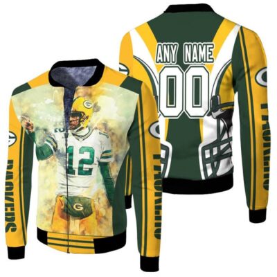 Green Bay Packers Aaron Rodgers 00 Any Name Yellow Jersey Style Gift With Custom Number Name For Packers Fans Fleece Bomber Jacket