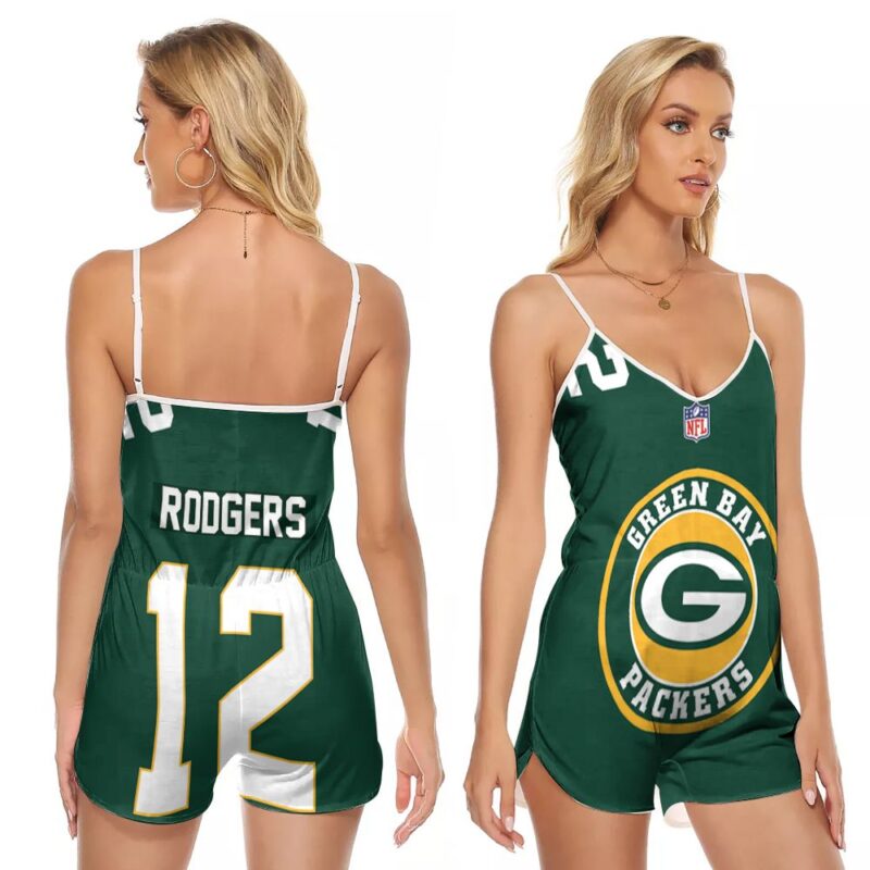Green Bay Packers Aaron Rodgers 12 NFL American Football Team Logo Gift Green Game For Packers Fans V-neck Romper Jumpsuit RJ01569