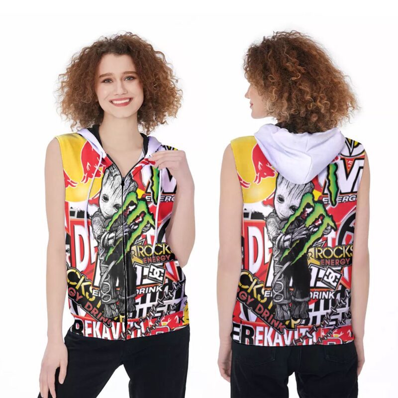 Groot Monster Energy drink Logo Brand Company 3D Designed Allover Gift For Monster Fans Groot Lovers 2 Zip Sleeveless Hoodie ZSH1053