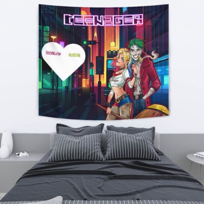 Horror Movie Tapestry Teenager Joker And Harley Quinn Modern City Tapestry Wall Hanging 2