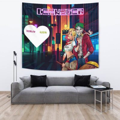 Horror Movie Tapestry Teenager Joker And Harley Quinn Modern City Tapestry Wall Hanging 3