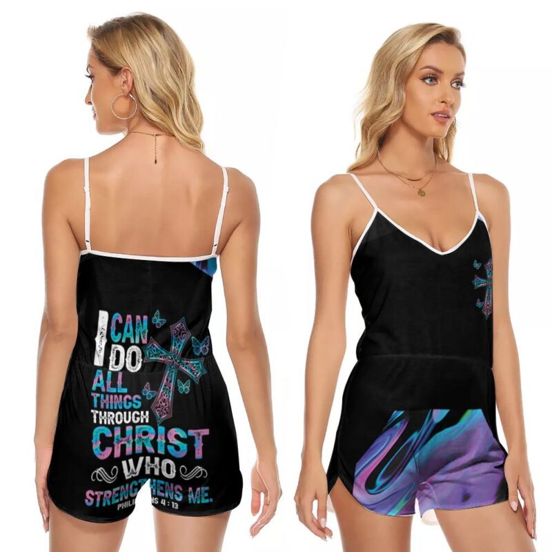 I Can Do All Things Through Christ Strengthens Me Philippians Bible Gift For God Jesus Religious Enthusiast V-neck Romper Jumpsuit RJ00877