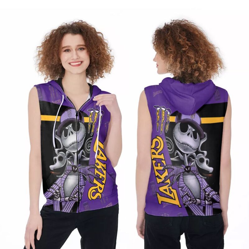 Jack Skellington Mosnter Energy Los Angeles Lakers NBA Basketball Team Logo 3D Designed Allover Gift For Lakers Fans Zip Sleeveless Hoodie ZSH0910