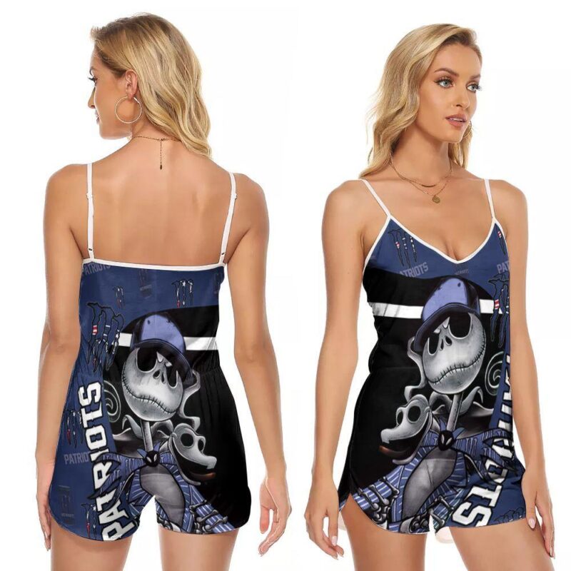 Jack Skellington Mosnter Energy New England Patriots NFL American Football Team Logo Gift For Patriots Fans V-neck Romper Jumpsuit RJ01014