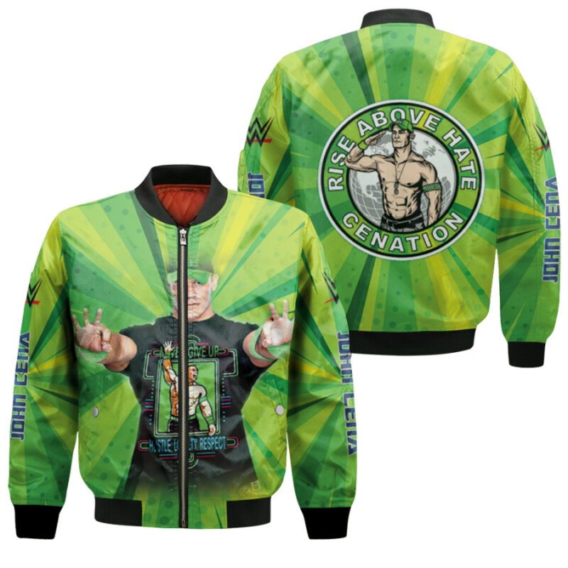 John Cena Never Give Up Rise Above Hate Cenation Professional Wrestler Green 3D Allover Gift For John Cena Fans Bomber Jacket BJ04107
