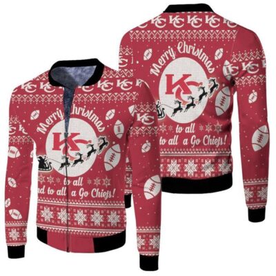Kansas City Chiefs To All And To All A Go Chiefs Ugly Christmas Festive Gift For Kansas City Chiefs Fans Fleece Bomber Jacket