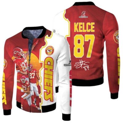 Kansas City Chiefs Travis Kelce 87 AFC Championship 2022 Red Jersey Style Gift For Chiefs Fans Kelce Fans Fleece Bomber Jacket