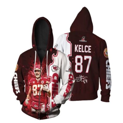 Kansas City Chiefs Travis Kelce 87 NFL Team AFC Championship 2022 Red Jersey Style Gift For Chiefs Fans Kelce Fans Zip Hoodie ZH00817
