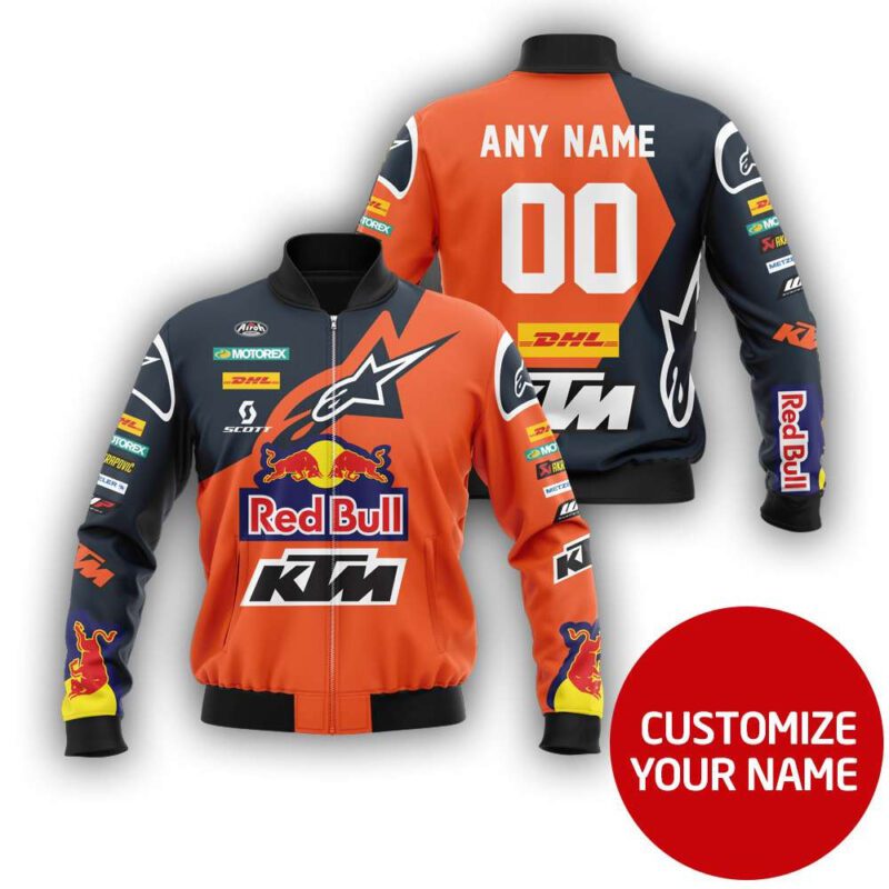 Ktm Alpinestars Auto Racing Team Orange And Blue All Over Designed Personalized Gift With Custom Number Name For Alpinestars Fans Bomber Jacket BJ03596