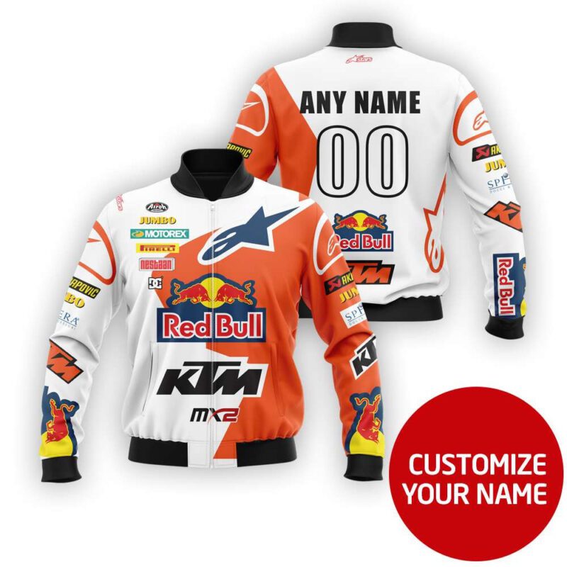 Ktm Racing Team White And Orange All Over Designed Personalized Gift With Custom Number Name For Ktm Racing Fans Bomber Jacket BJ03751