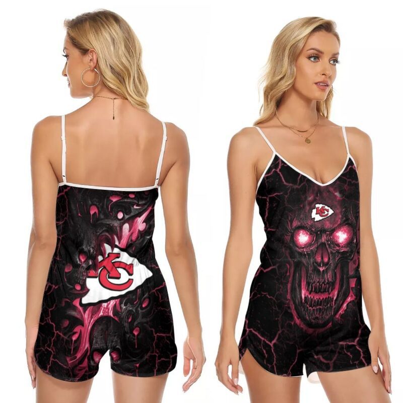 Lava Skull Kansas City Chiefs NFL American Football Team Logo Gift For Chiefs Fans V-neck Romper Jumpsuit RJ01024