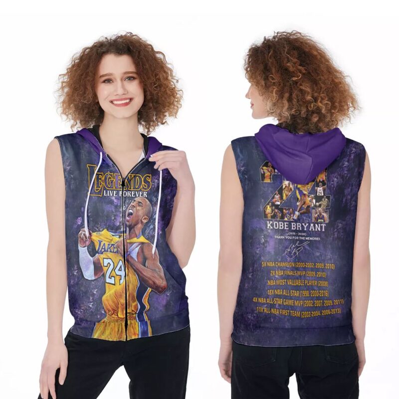 Legends Live Forever Kobe Bryant 24 Los Angeles Lakers 3D Designed Allover Gift For Kobe Bryant Fans Lovers Zip Sleeveless Hoodie ZSH0897