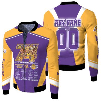 Los Angeles Lakers 74 Years Of Lakers The Greatest Teams Signatures NBA Gift With Custom Name Number For Lakers Fans Fleece Bomber Jacket