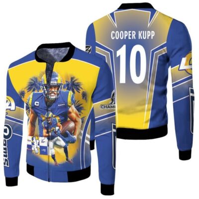 Los Angeles Rams Cooper Kupp 10 NFC Championship 2022 Blue Jersey Style Gift For Rams Fans Cooper Kupp Fans Fleece Bomber Jacket