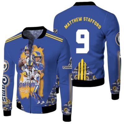 Los Angeles Rams Matthew Stafford 9 NFC Championship 2022 Blue Jersey Style Designed Gift For Rams Fans Satfford Fans Fleece Bomber Jacket