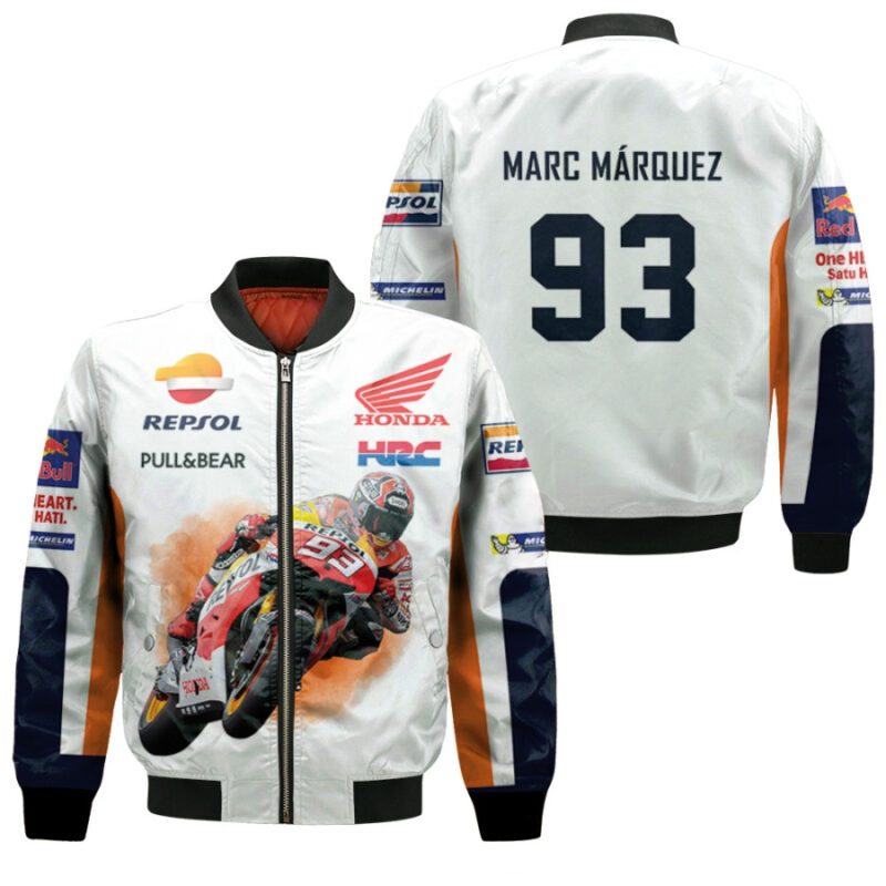 Marc Marquez 93 HRC Honda Team MotoGP White Gift For Marquez Fans Bomber Jacket BJ04079