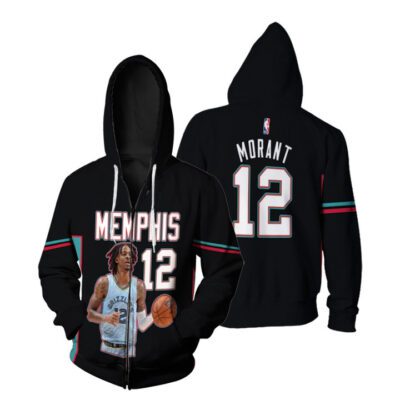 Memphis Grizzlies Ja Morant 12 NBA Team 2020 Black Jersey 3D Gift For Memphis Fans Zip Hoodie ZH00792