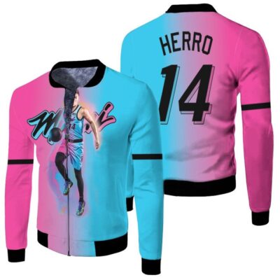 Miami Heat Tyler Herro 14 2020 NBA Basketball Team Blue Pink Gift For Heat Fans Fleece Bomber Jacket