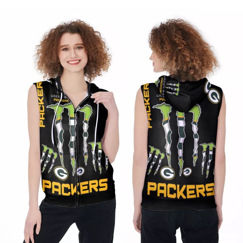 Monster Energy Green Bay Packers NFL American Football Team Logo 3D Designed Allover Gift For Packers Fans Zip Sleeveless Hoodie ZSH1018