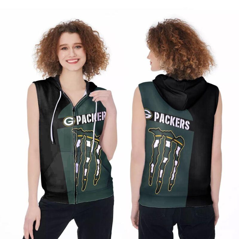 Monster Energy Green Pay Packers NFL American Football Team Logo 3D Designed Allover Gift For Packers Fans Zip Sleeveless Hoodie ZSH0862