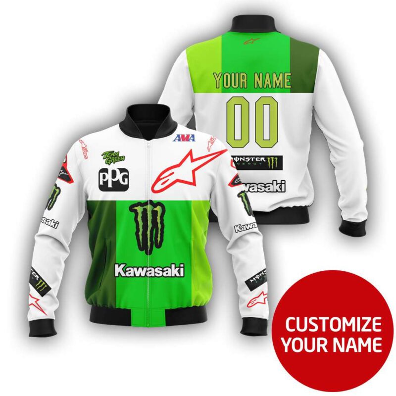 Monster Energy Kawasaki Alpinestars Auto Racing Team Costume Personalized Green Gift With Custom Number Name For Kawasaki Fans Bomber Jacket BJ03768