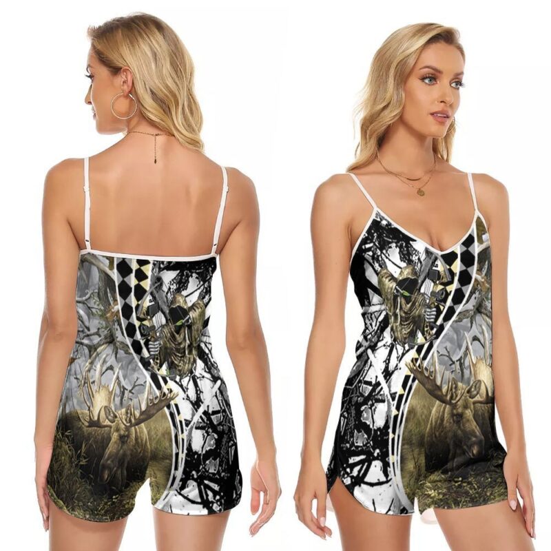 Moose Death Hunter Skull Pattern Gift For Hunting Hunter Lovers Moose Lovers V-neck Romper Jumpsuit RJ00802