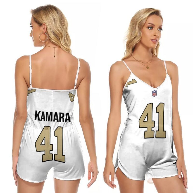 New Orleans Saints Alvin Kamara 41 White Alternate Game Gift For Saints Fans V-neck Romper Jumpsuit RJ01056