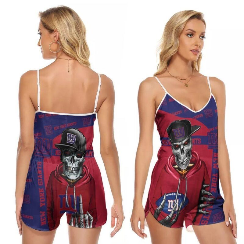 New York Giants Hip hop Skeleton NFL American Team Logo Gift For Giants Fans V-neck Romper Jumpsuit RJ01010