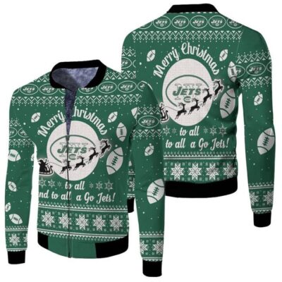 New York Jets To All And To All A Go Jets Ugly Christmas Festive Gift For New York Jets Fans Fleece Bomber Jacket