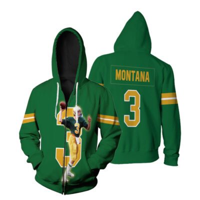 Notre Dame Joe Montana 3 NFL Team Fighting Irish Green Jersey Style Gift For Notre Dame Fans Montana Fans Zip Hoodie ZH00241