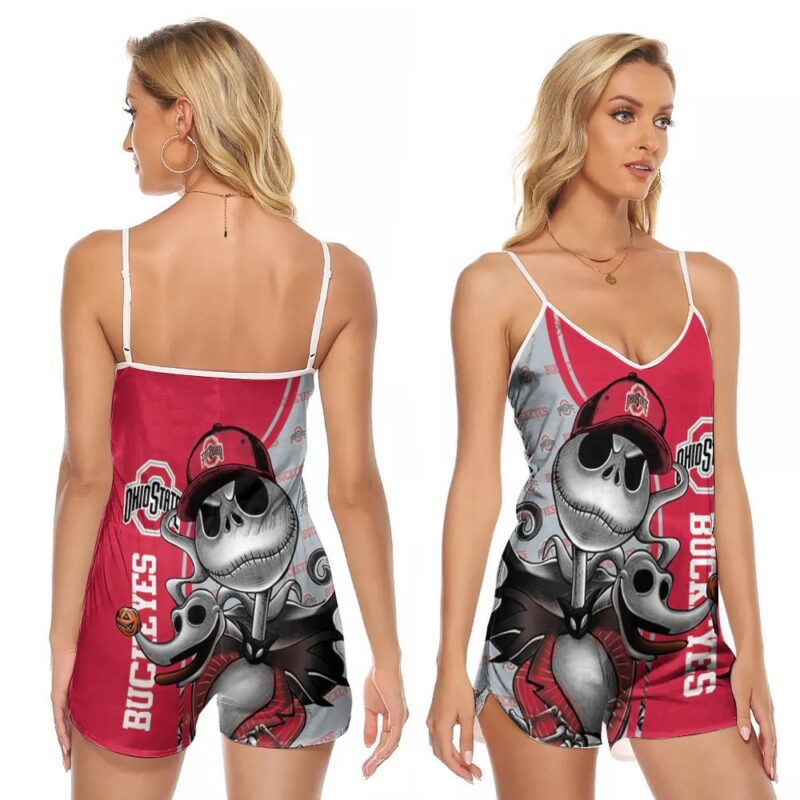 Ohio State Buckeyes Jack Skellington Halloween 3d designed for Ohio State Buckeyes fan V-neck Romper Jumpsuit RJ01319