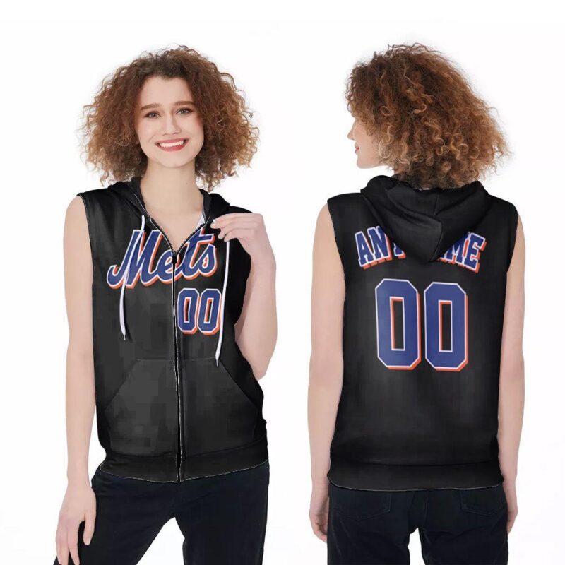 Personalized New York Mets 00 Anyname Cooperstown Collection Black Jersey Inspired Style Gift For New York Mets Fans Zip Sleeveless Hoodie ZSH0382