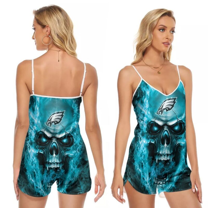 Philadelphia Eagles Blue Vapor Skull 3d designed for Philadelphia Eagles fan V-neck Romper Jumpsuit RJ00934