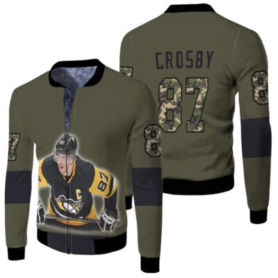 Pittsburgh Penguins Sidney Crosby 87 NHL Great Player Ice Hockey Olive Gift For Penguins Fans Fleece Bomber Jacket