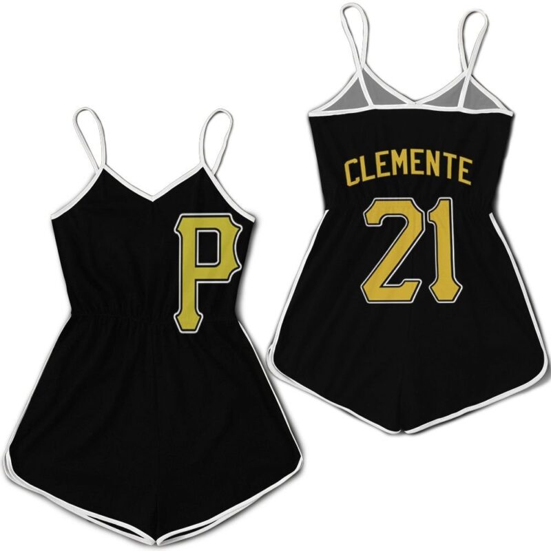 Pittsburgh Pirates Roberto Clemente #21 MLB Great Player Baseball Team Logo Majestic Custom Black 2019 Gift For Pirates Fans Romper Jumpsuit RJ05116