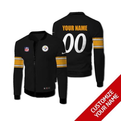 Pittsburgh Steelers #00 Personalized Black Jersey Style Gift With Custom Number Name For Steelers Fans Fleece Bomber Jacket