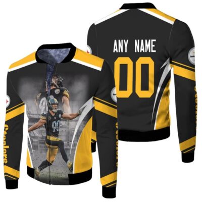Pittsburgh Steelers T.J. Watt 00 Any Name Black Jersey Style Gift With Custom Number Name For Steelers Fans T.J. Watt Fans Fleece Bomber Jacket