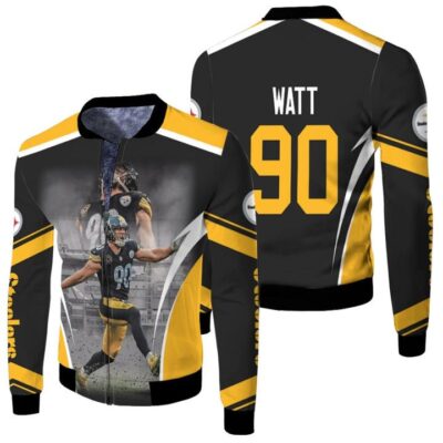 Pittsburgh Steelers T.J. Watt 90 Black Jersey Style Gift For Pittsburgh Steelers Fans Watt Fans Fleece Bomber Jacket