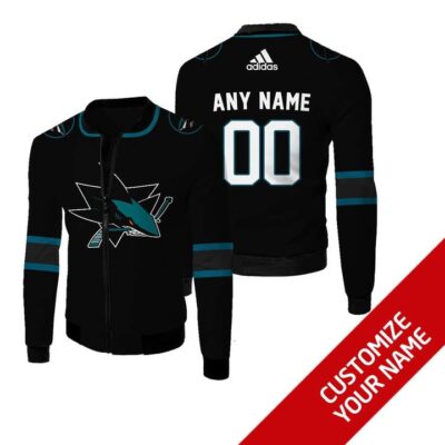 San Jose Sharks #00 Personalized Black Jersey Style Gift With Custom Number Name For Sharks Fans Fleece Bomber Jacket