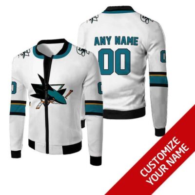 San Jose Sharks #00 Personalized White Jersey Style Gift With Custom Number Name For Sharks Fans Fleece Bomber Jacket