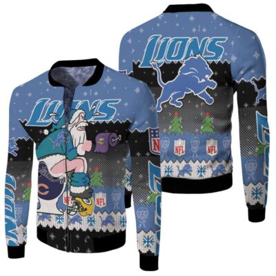Santa Claus Detroit Lions Sitting on Vikings Bears Packers Toilet Christmas Gift For Lions Fans Fleece Bomber Jacket
