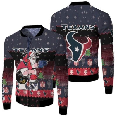 Santa Claus Houston Texans Sitting on Colts Jaguars Titans Toilet Christmas Gift For Texans Fans Fleece Bomber Jacket