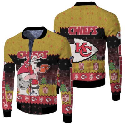 Santa Claus Kansas City Chiefs Sitting on Broncos Raiders Chargers Toilet Christmas Gift For Chiefs Fans Fleece Bomber Jacket